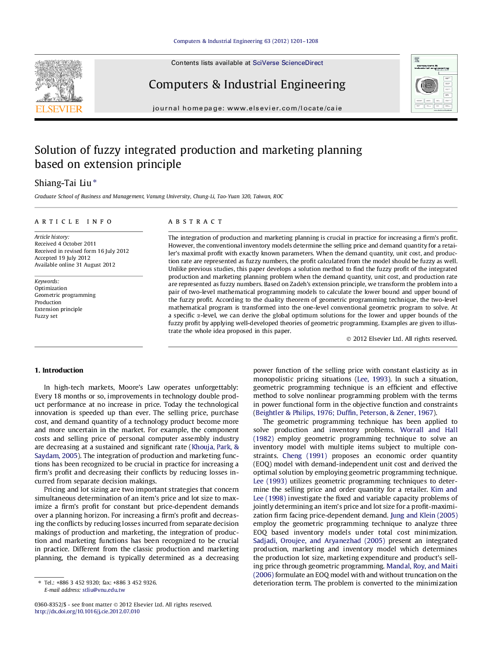 عکس صفحه اول مقاله: Solution of fuzzy integrated production and marketing planning based on extension principle Solution of fuzzy integrated production and marketing planning based on extension principle