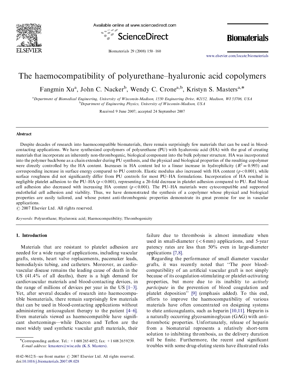 The haemocompatibility of polyurethane–hyaluronic acid copolymers