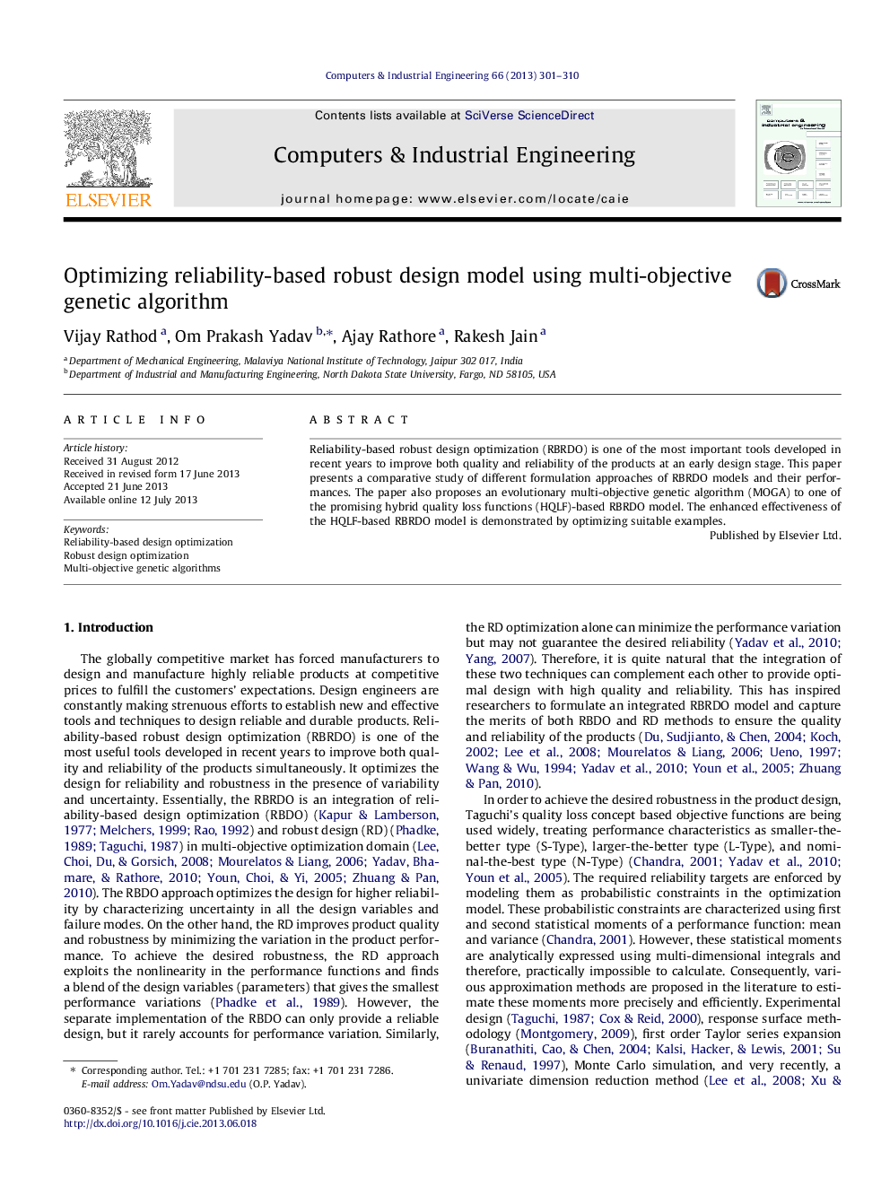 Optimizing reliability-based robust design model using multi-objective genetic algorithm