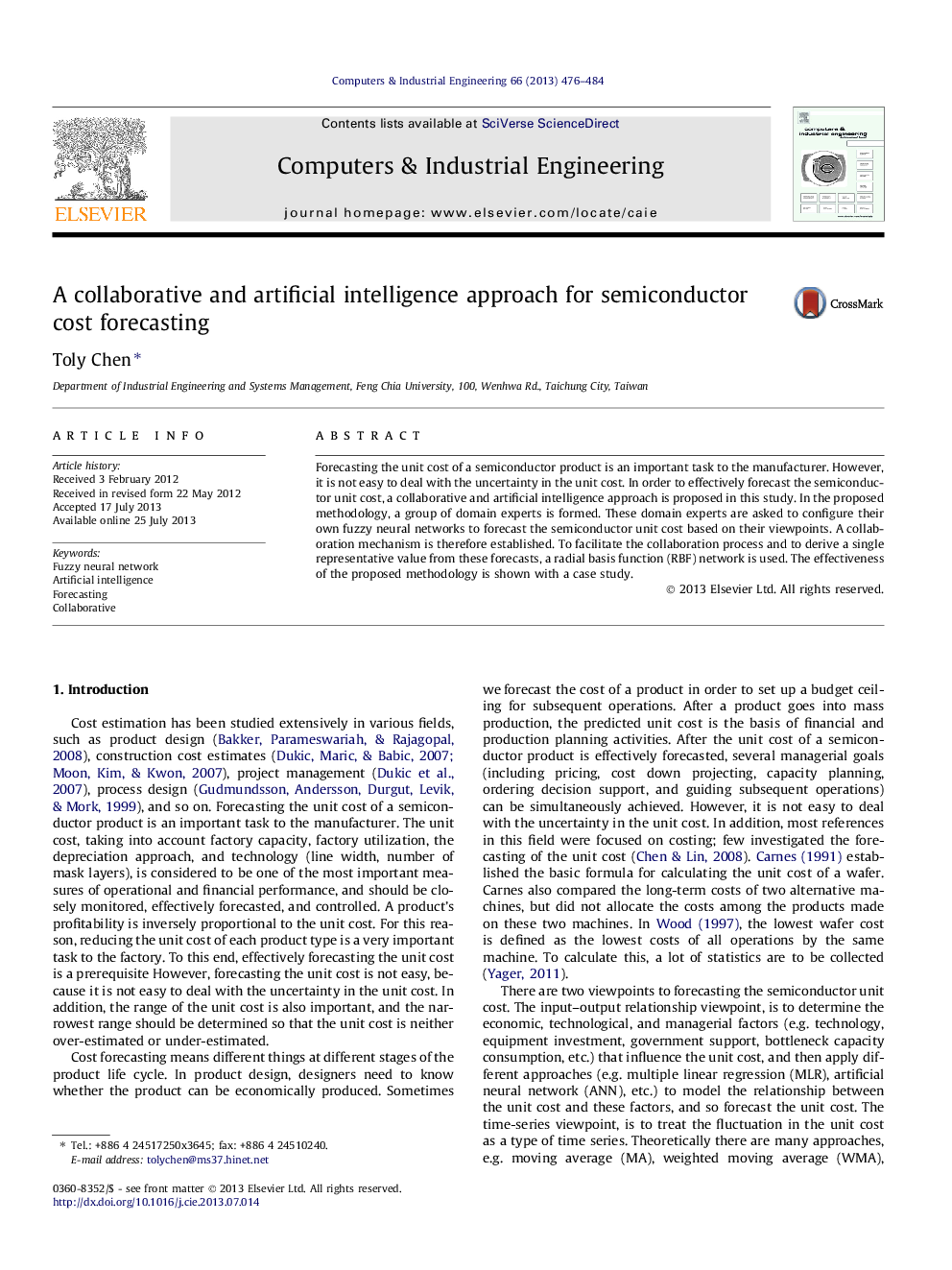 A collaborative and artificial intelligence approach for semiconductor cost forecasting