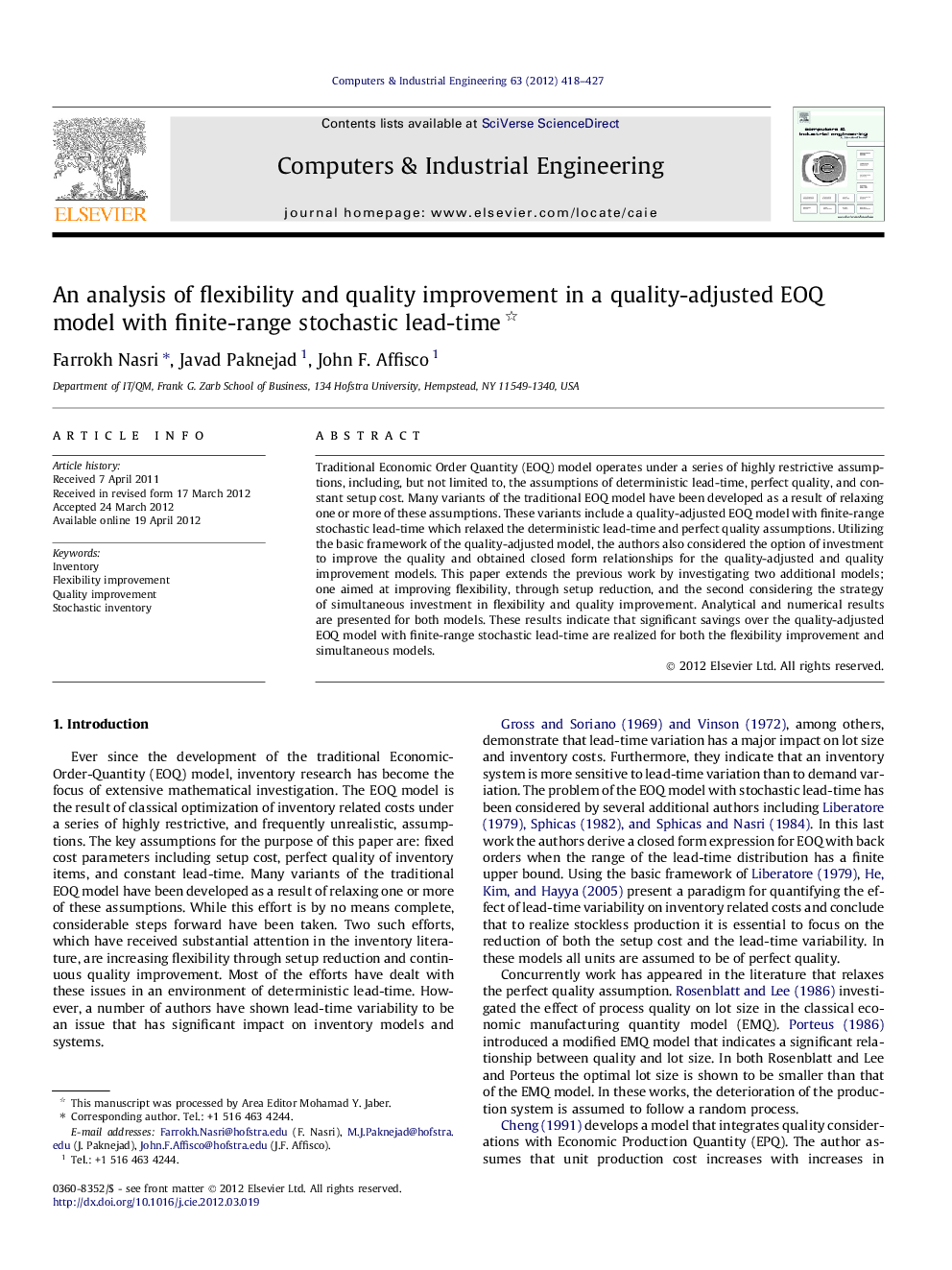 An analysis of flexibility and quality improvement in a quality-adjusted EOQ model with finite-range stochastic lead-time 