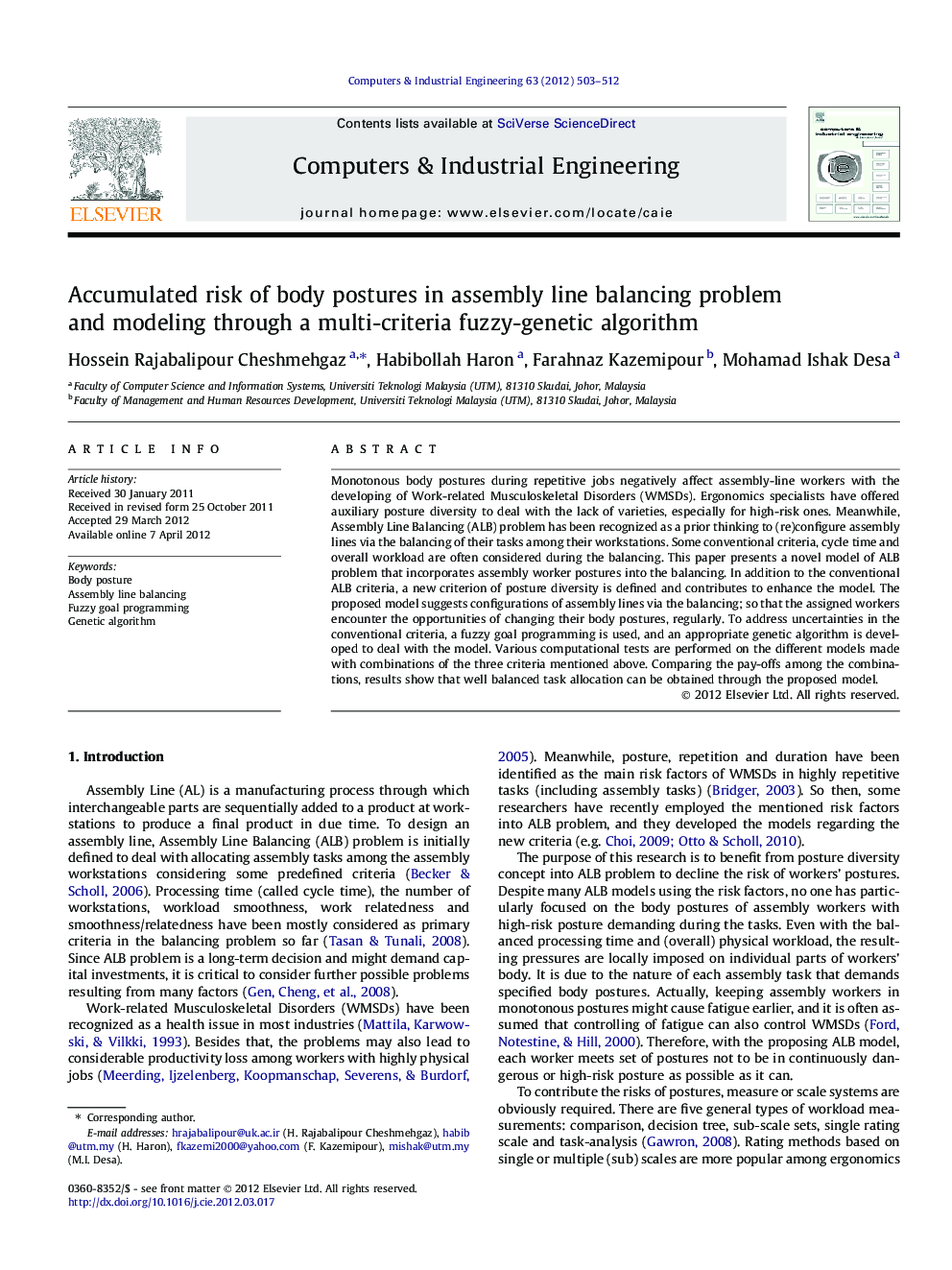 Accumulated risk of body postures in assembly line balancing problem and modeling through a multi-criteria fuzzy-genetic algorithm