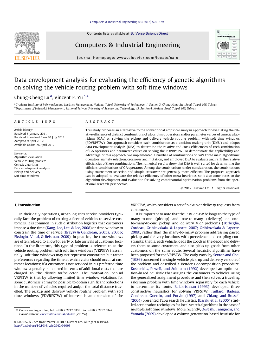 Data envelopment analysis for evaluating the efficiency of genetic algorithms on solving the vehicle routing problem with soft time windows