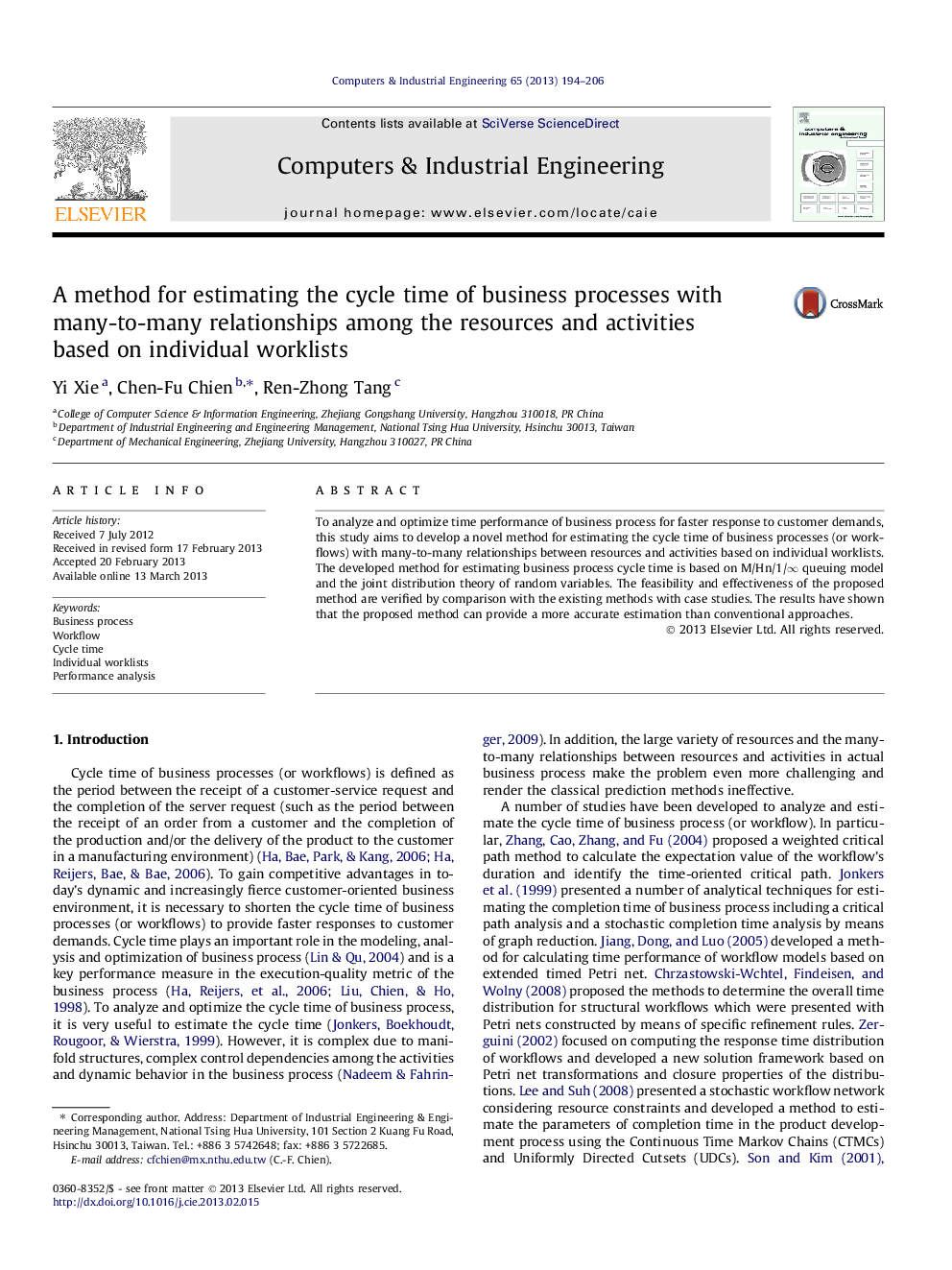 A method for estimating the cycle time of business processes with many-to-many relationships among the resources and activities based on individual worklists