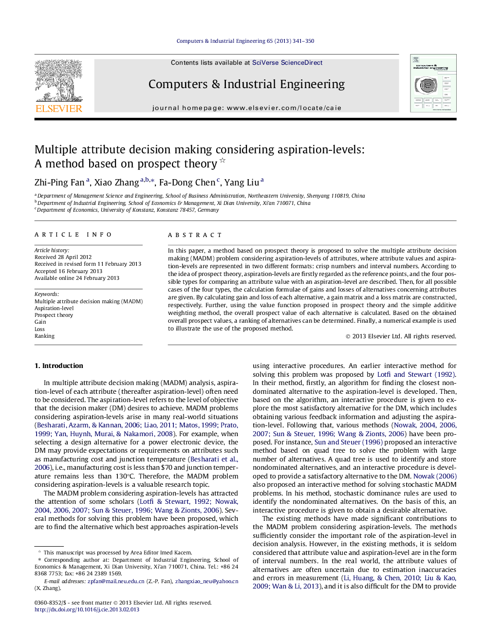 Multiple attribute decision making considering aspiration-levels: A method based on prospect theory 