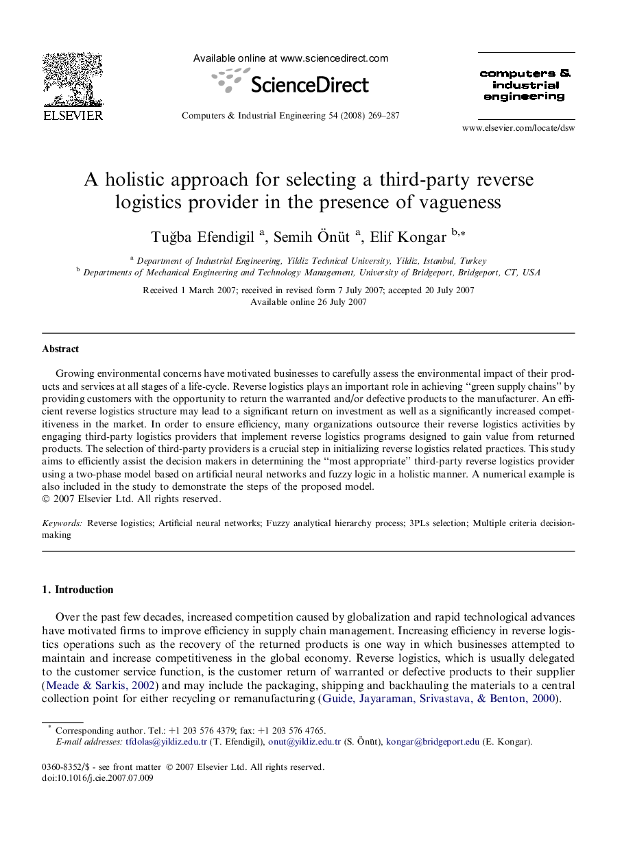 A holistic approach for selecting a third-party reverse logistics provider in the presence of vagueness