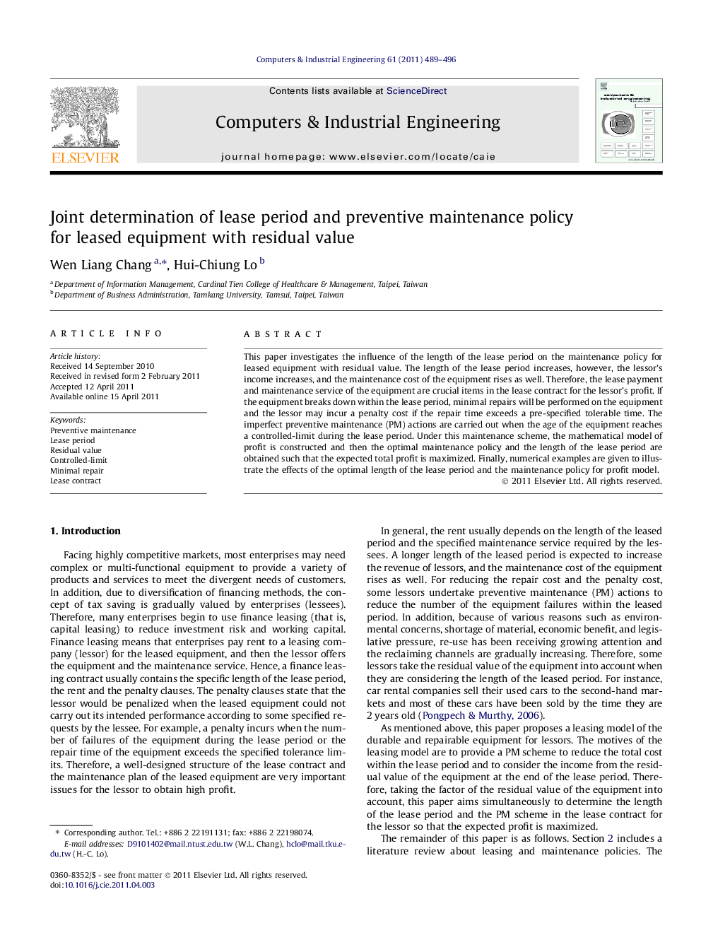 Joint determination of lease period and preventive maintenance policy for leased equipment with residual value