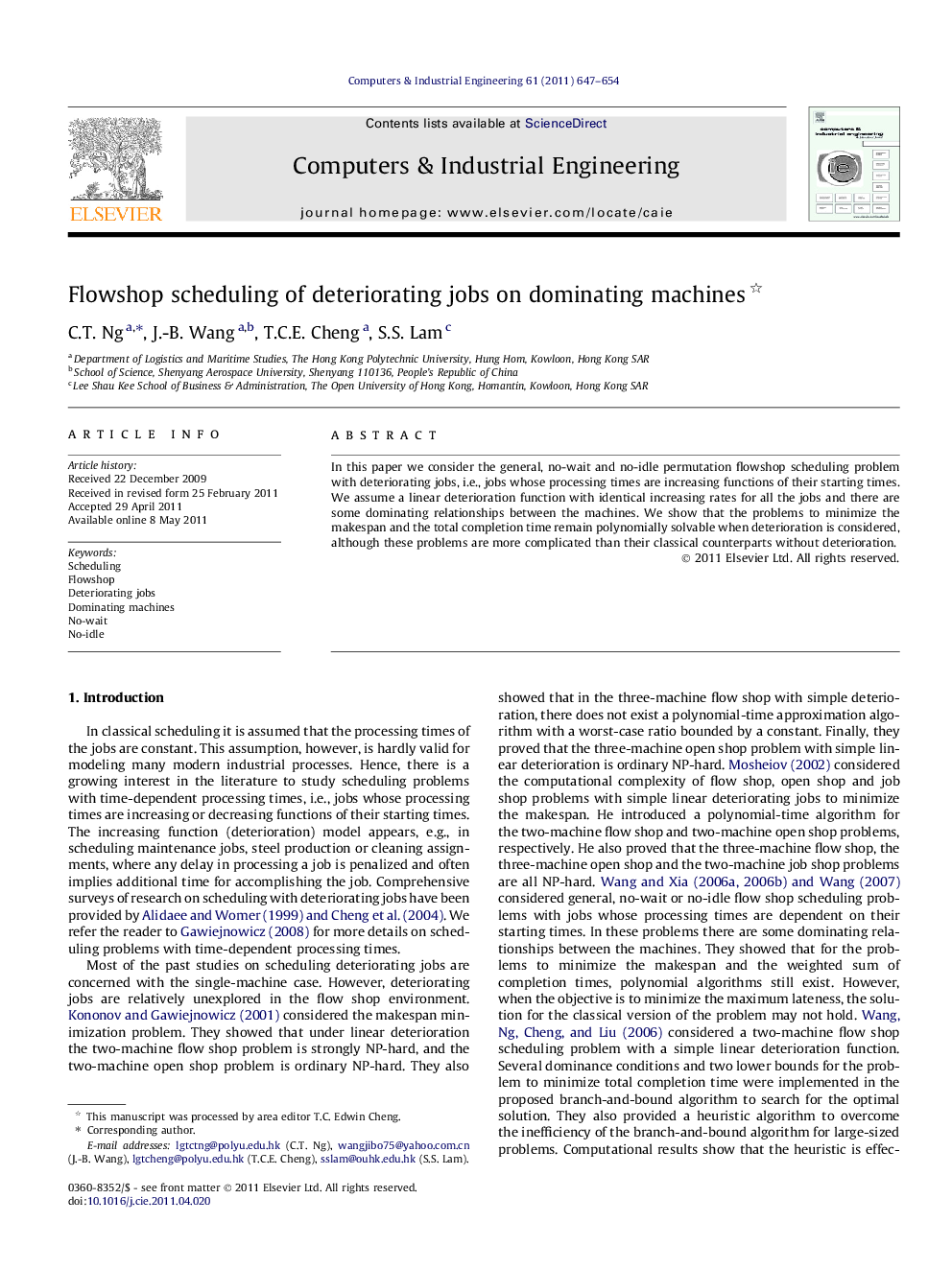 عکس صفحه اول مقاله: Flowshop scheduling of deteriorating jobs on dominating machines Flowshop scheduling of deteriorating jobs on dominating machines