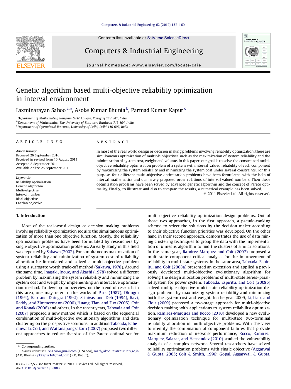 Genetic algorithm based multi-objective reliability optimization in interval environment