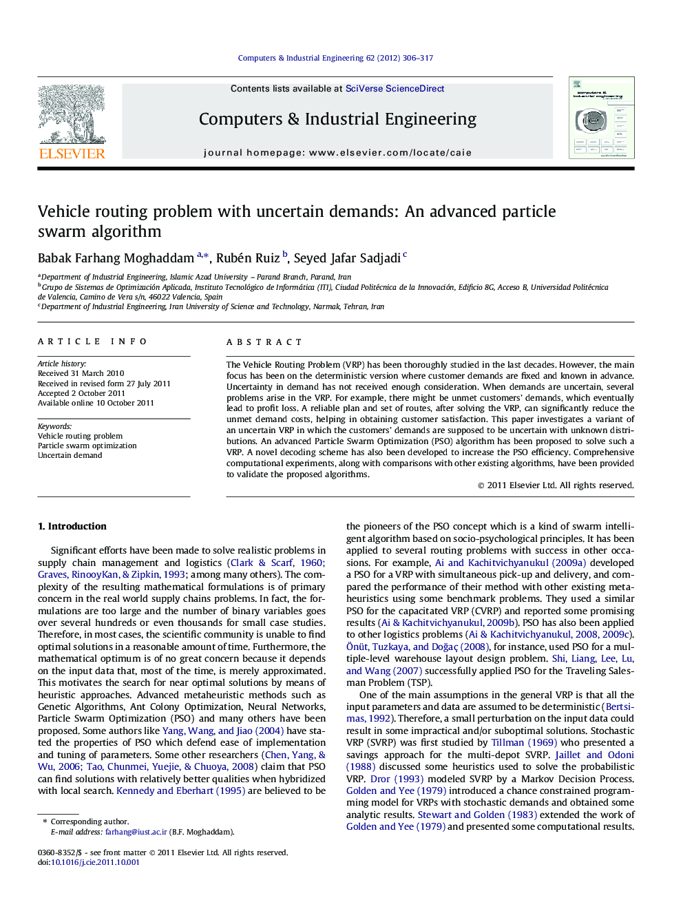 Vehicle routing problem with uncertain demands: An advanced particle swarm algorithm