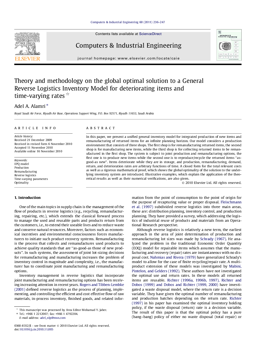 Theory and methodology on the global optimal solution to a General Reverse Logistics Inventory Model for deteriorating items and time-varying rates 