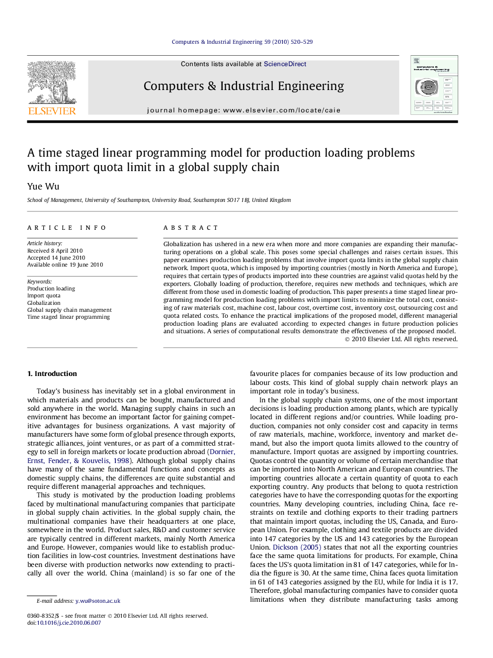 A time staged linear programming model for production loading problems with import quota limit in a global supply chain