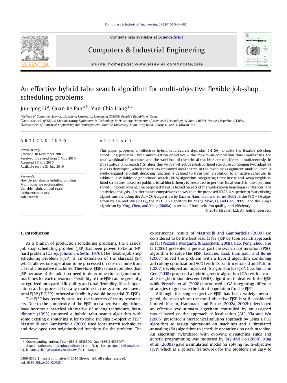 An effective hybrid tabu search algorithm for multi-objective flexible job-shop scheduling problems