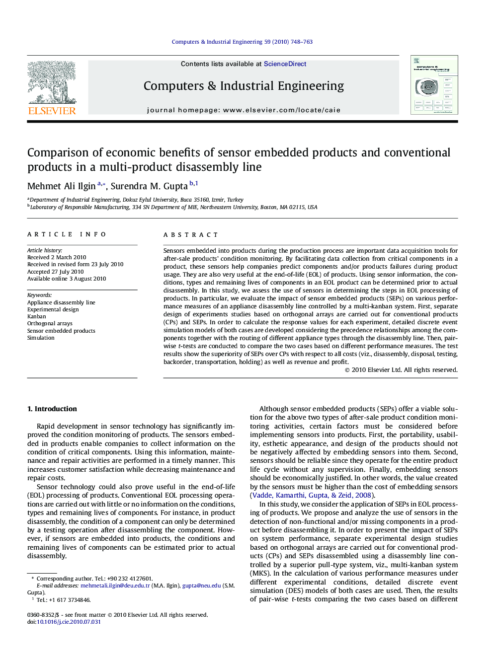 Comparison of economic benefits of sensor embedded products and conventional products in a multi-product disassembly line