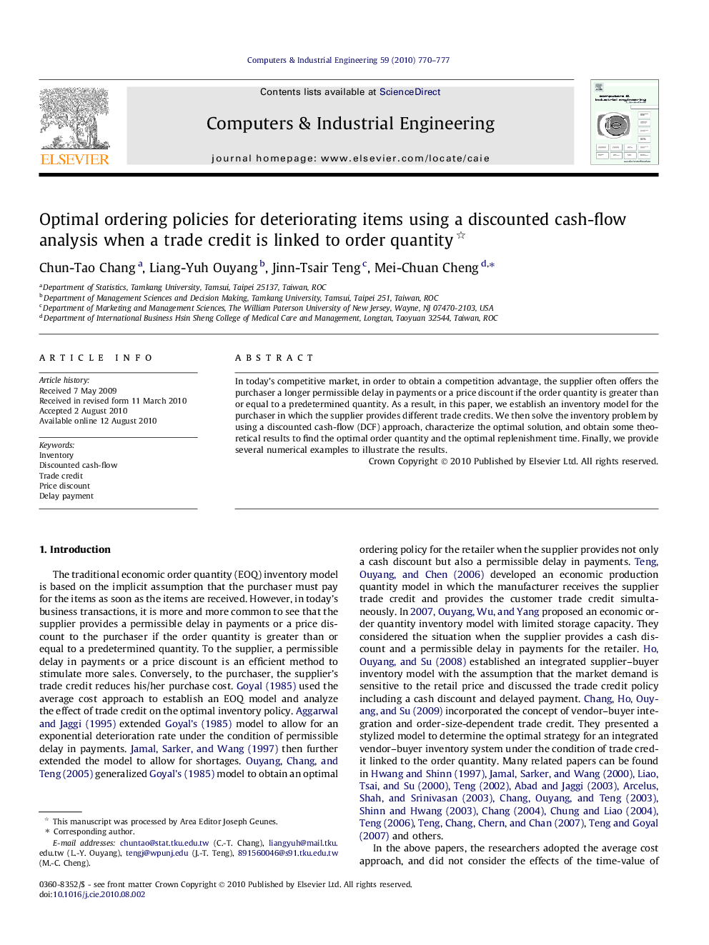 Optimal ordering policies for deteriorating items using a discounted cash-flow analysis when a trade credit is linked to order quantity 