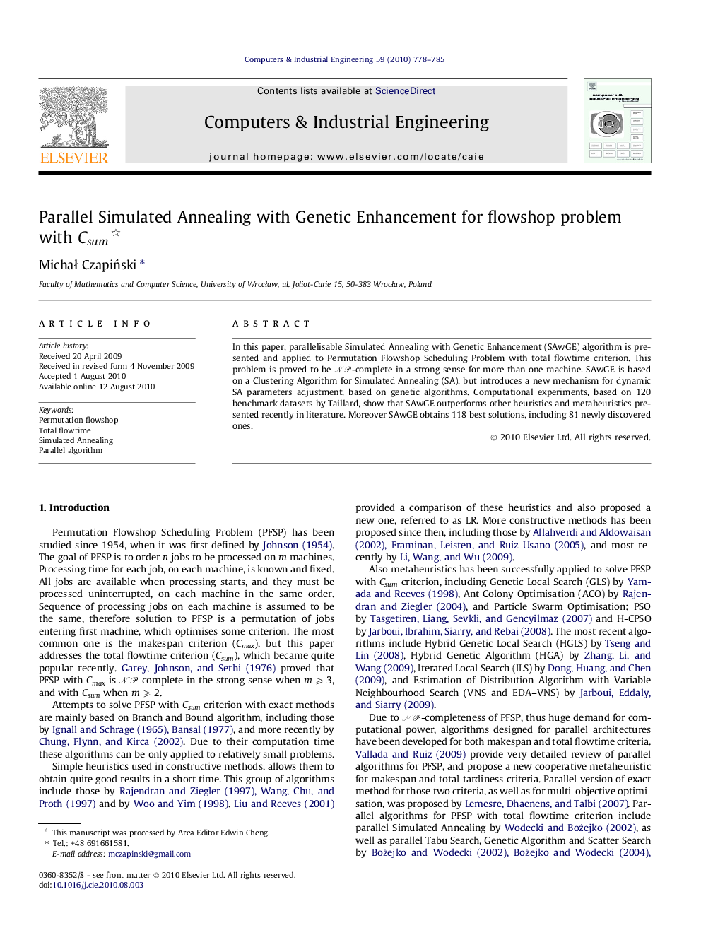 Parallel Simulated Annealing with Genetic Enhancement for flowshop problem with Csum