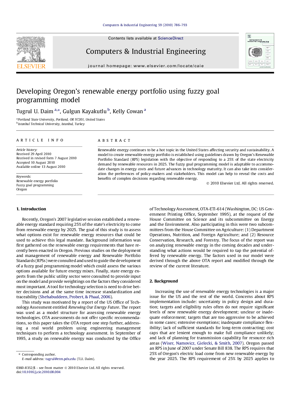 Developing Oregon’s renewable energy portfolio using fuzzy goal programming model