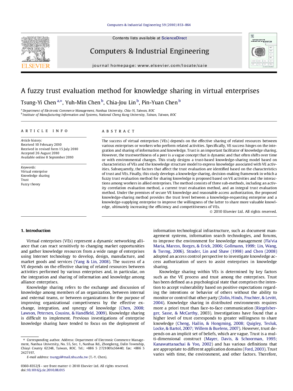 A fuzzy trust evaluation method for knowledge sharing in virtual enterprises