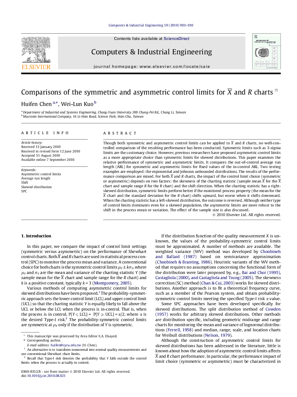 Comparisons of the symmetric and asymmetric control limits for X¯ and R charts 