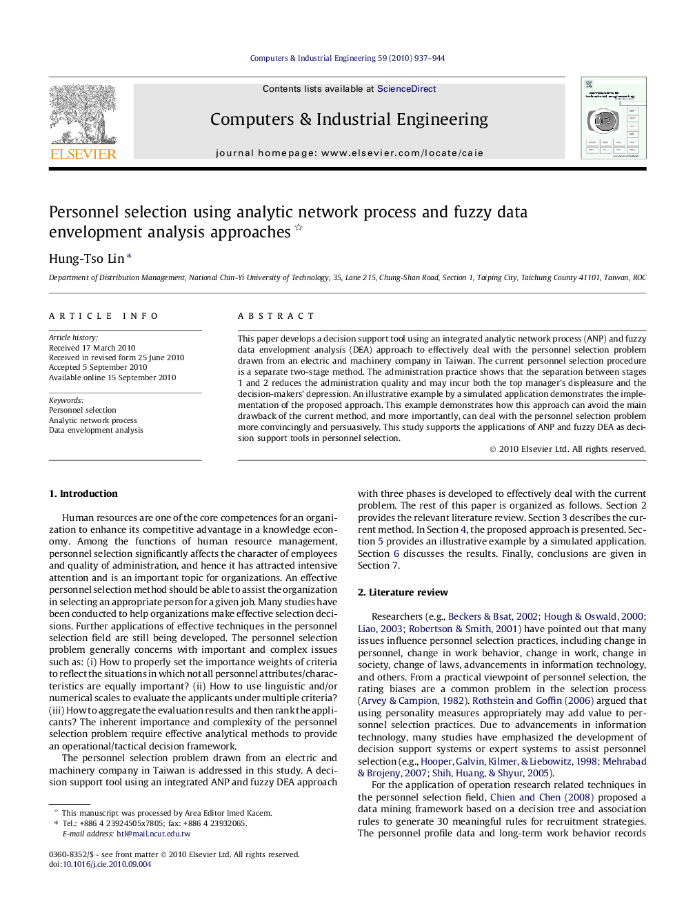 Personnel selection using analytic network process and fuzzy data envelopment analysis approaches 