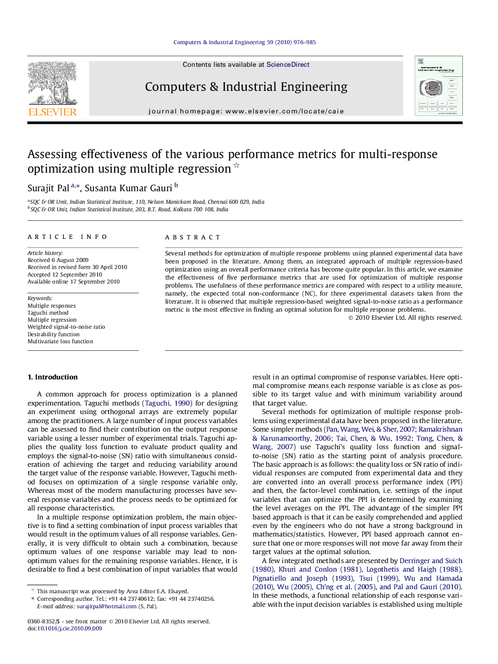 Assessing effectiveness of the various performance metrics for multi-response optimization using multiple regression 