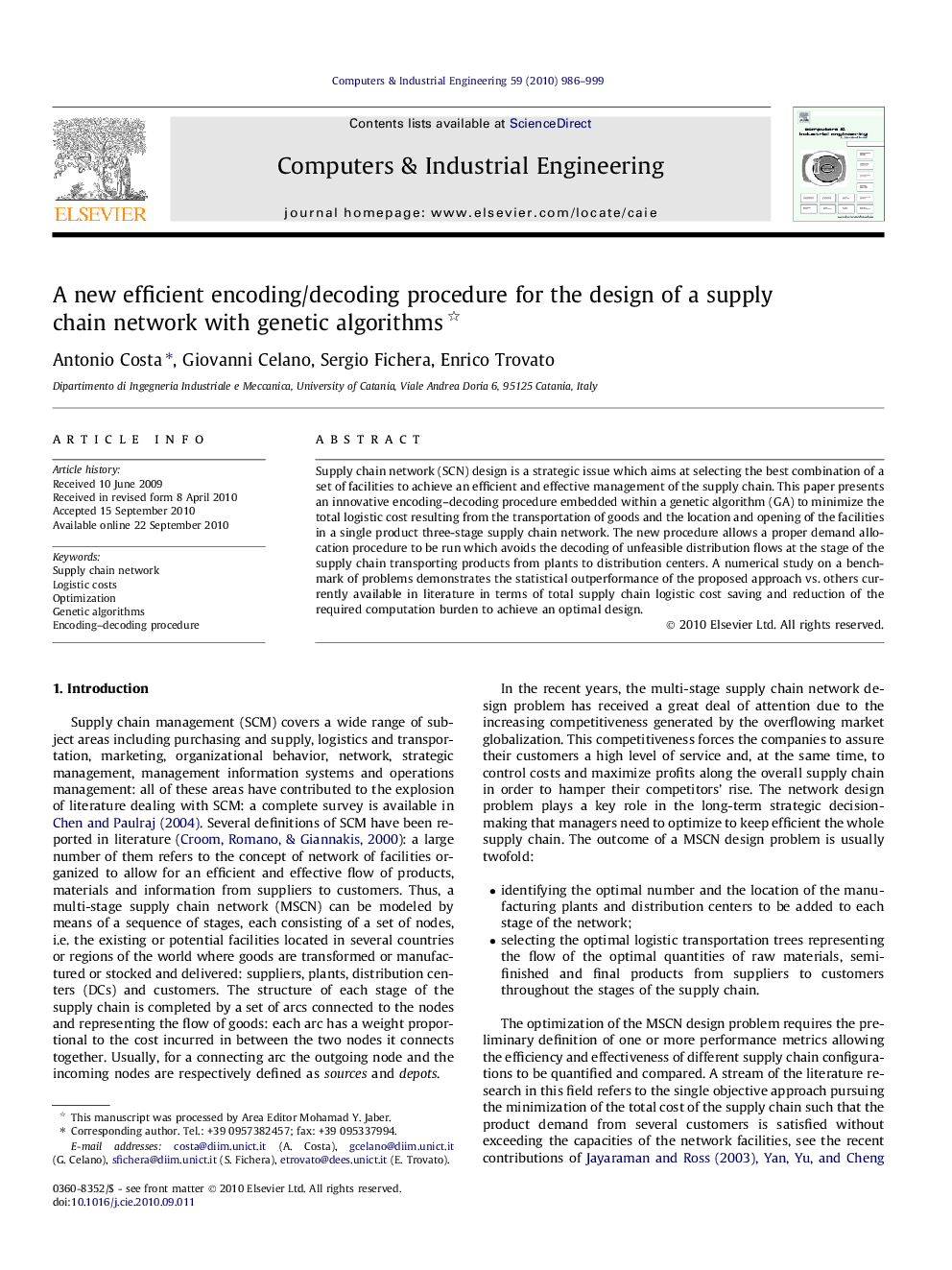 A new efficient encoding/decoding procedure for the design of a supply chain network with genetic algorithms 