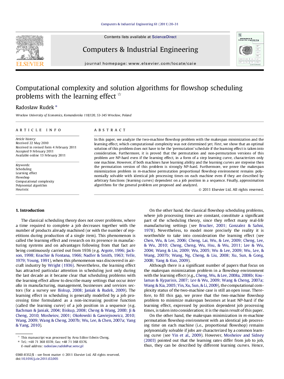 Computational complexity and solution algorithms for flowshop scheduling problems with the learning effect 