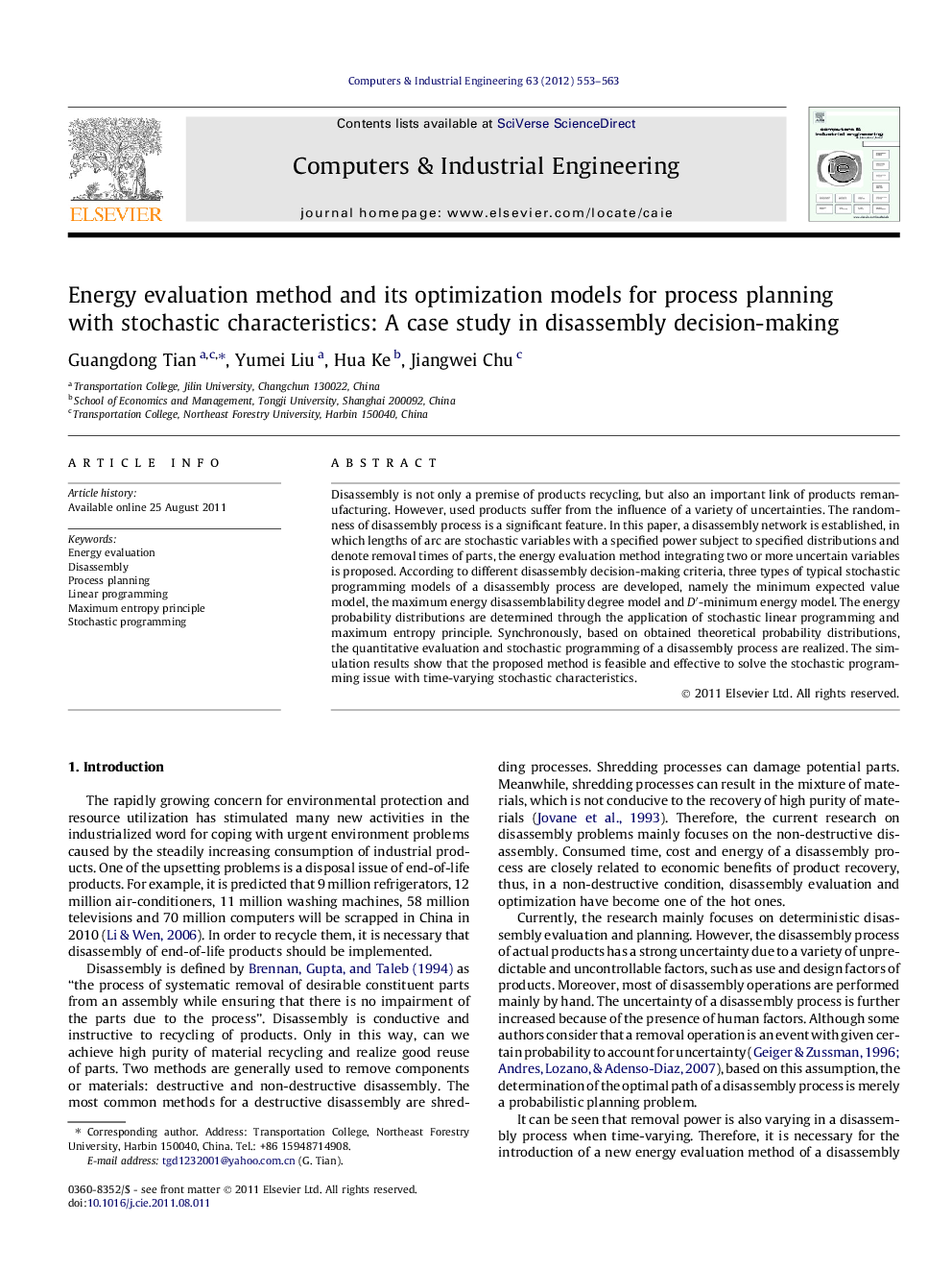 Energy evaluation method and its optimization models for process planning with stochastic characteristics: A case study in disassembly decision-making