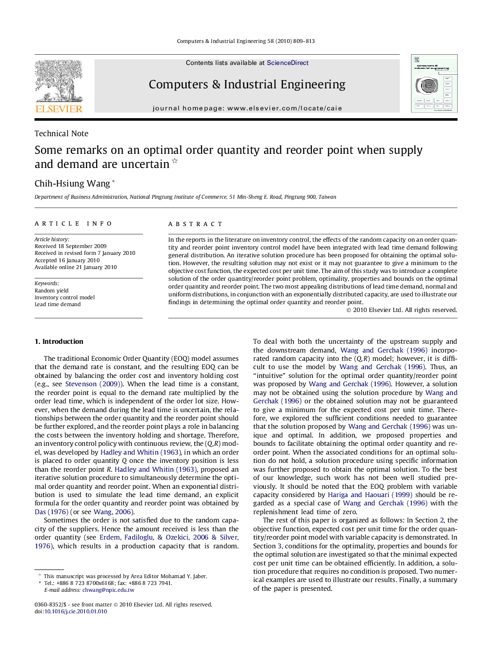 Some remarks on an optimal order quantity and reorder point when supply and demand are uncertain