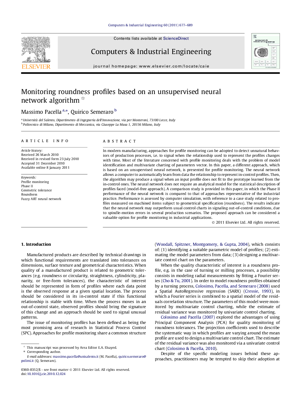 Monitoring roundness profiles based on an unsupervised neural network algorithm 