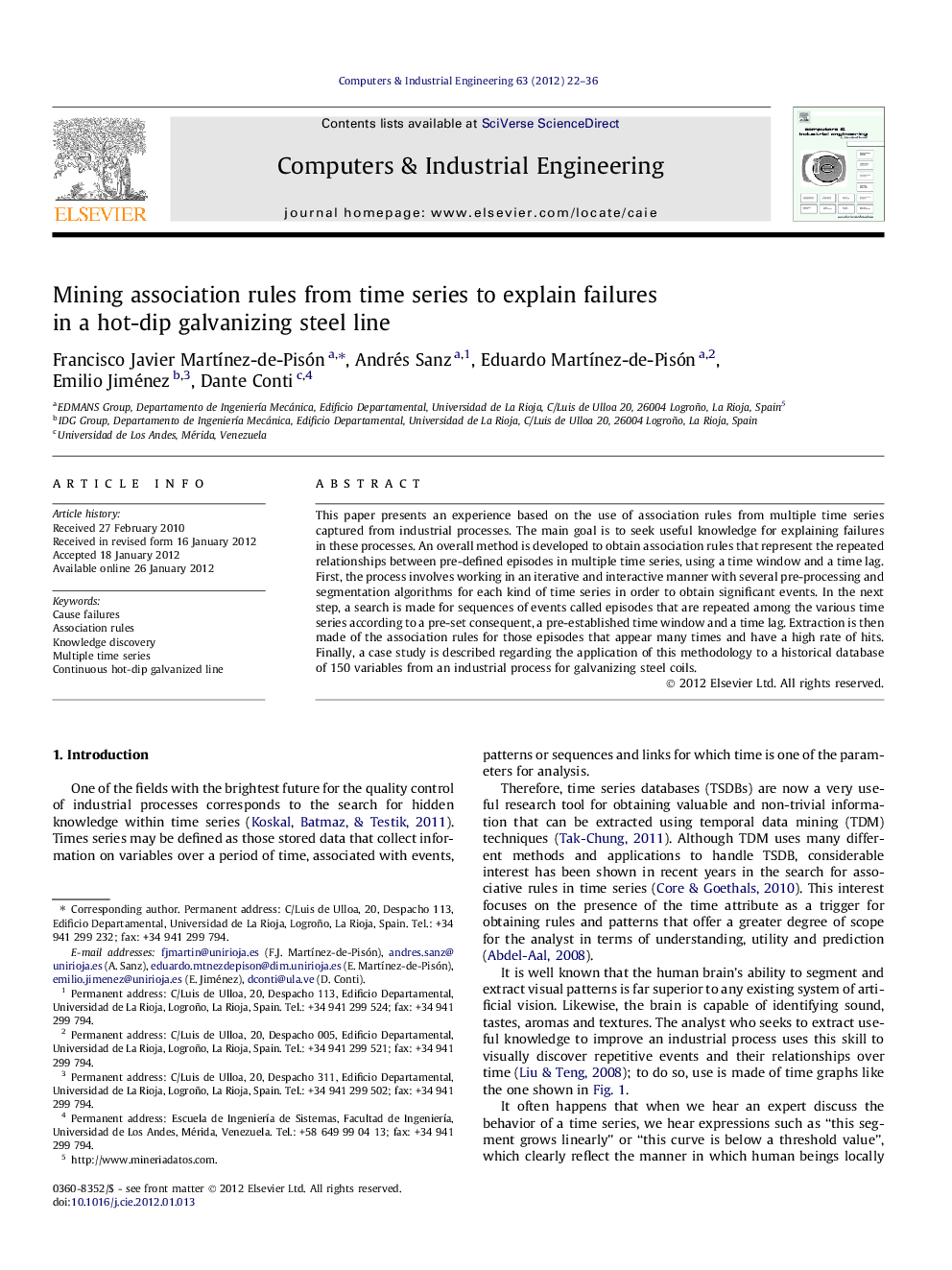 Mining association rules from time series to explain failures in a hot-dip galvanizing steel line