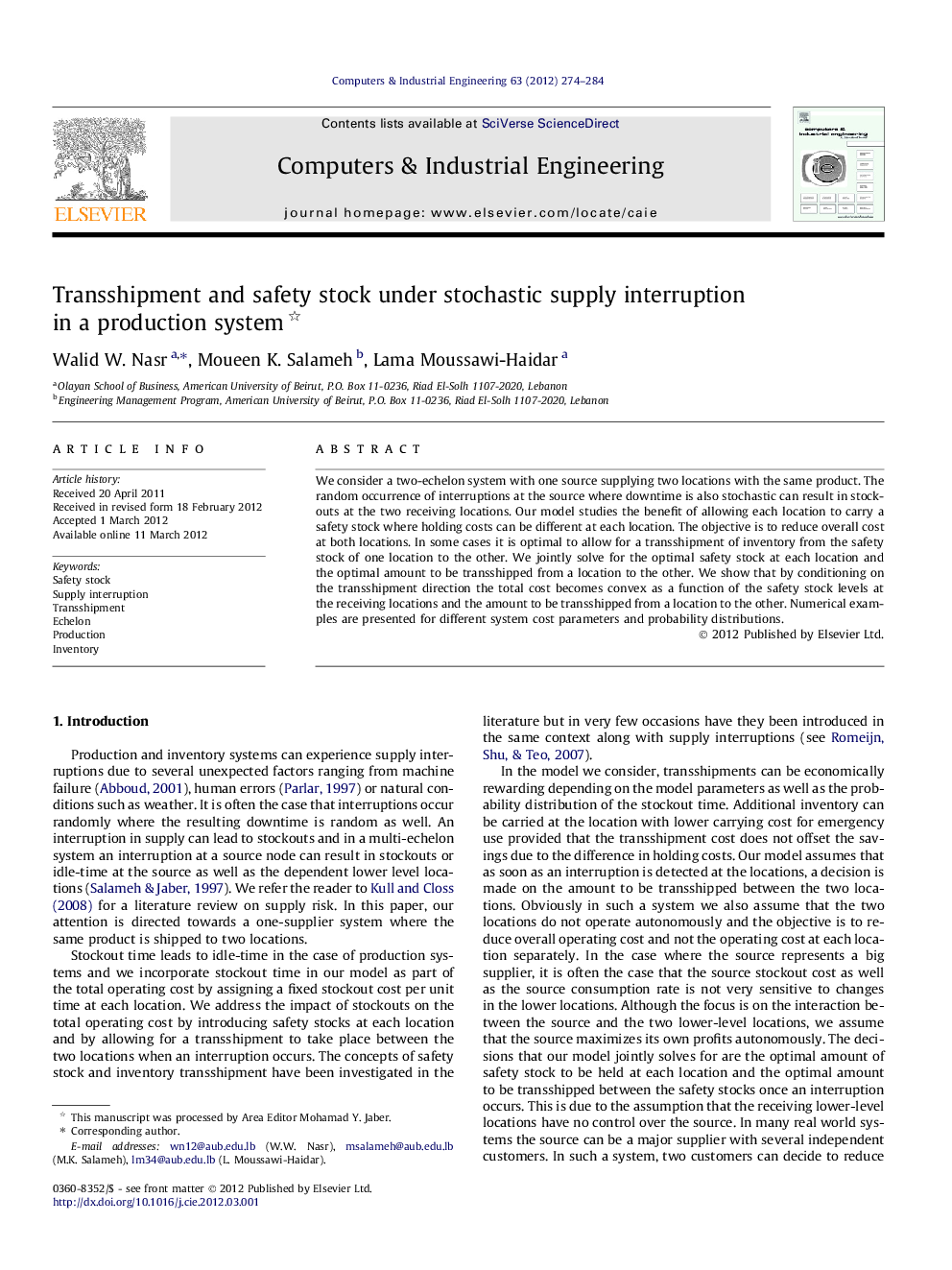 Transshipment and safety stock under stochastic supply interruption in a production system 