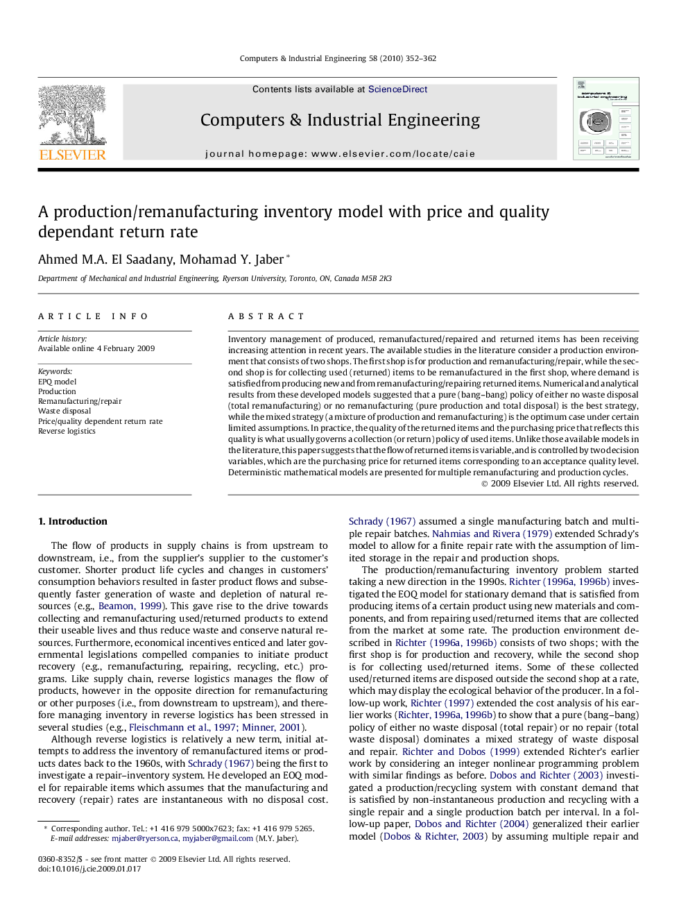 A production/remanufacturing inventory model with price and quality dependant return rate