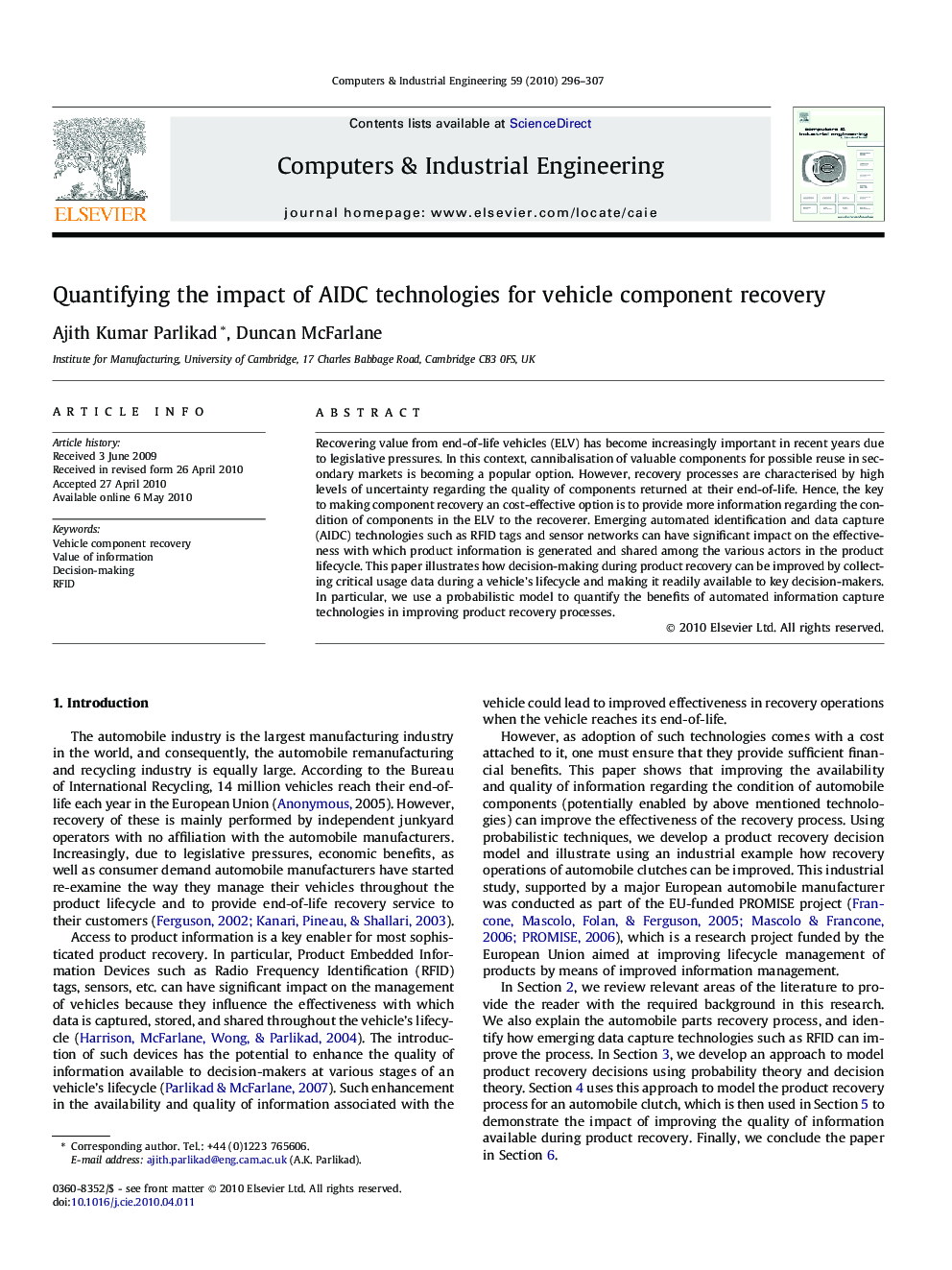 Quantifying the impact of AIDC technologies for vehicle component recovery