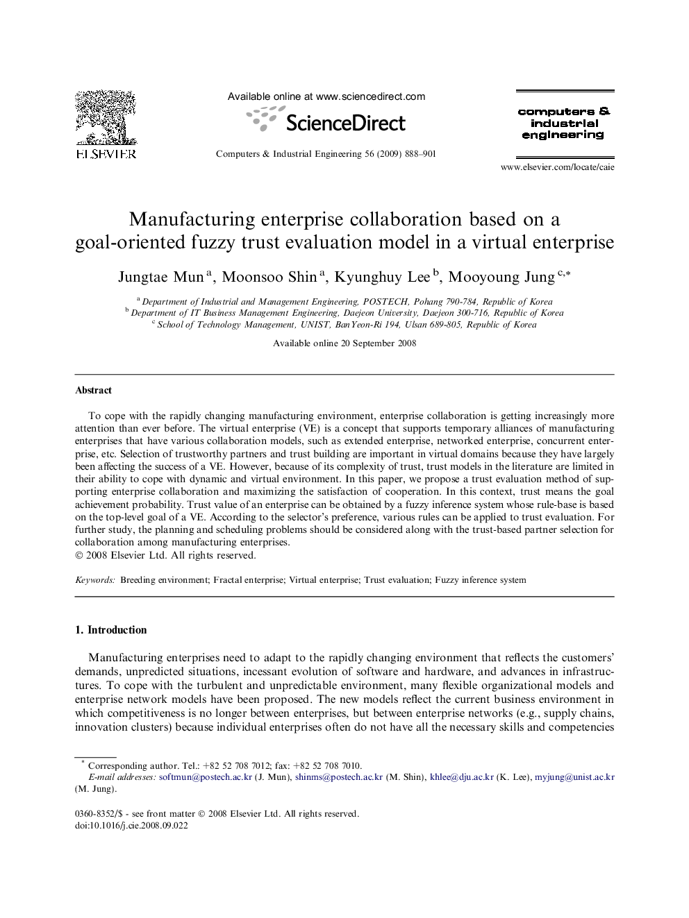 Manufacturing enterprise collaboration based on a goal-oriented fuzzy trust evaluation model in a virtual enterprise