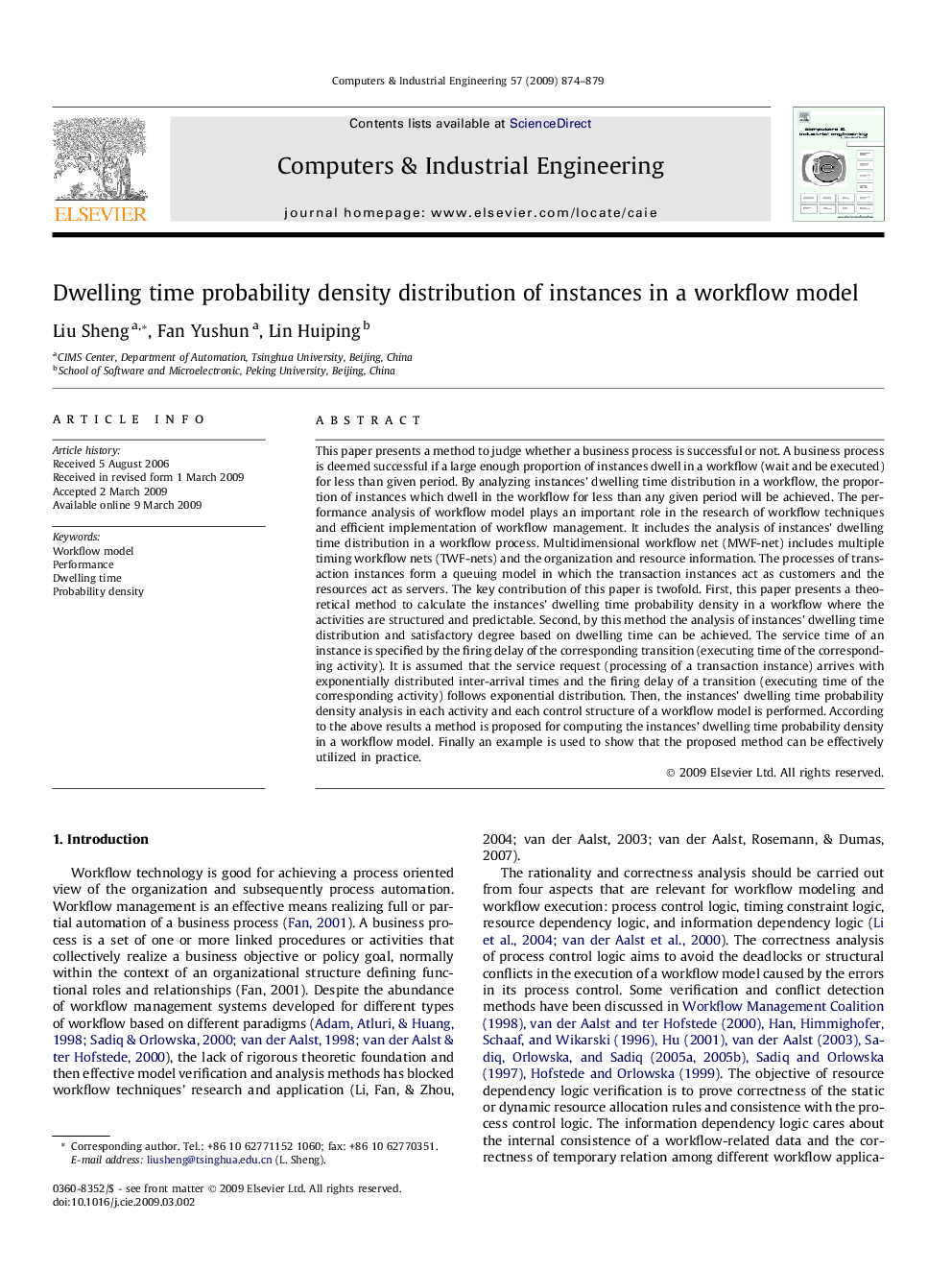 Dwelling time probability density distribution of instances in a workflow model