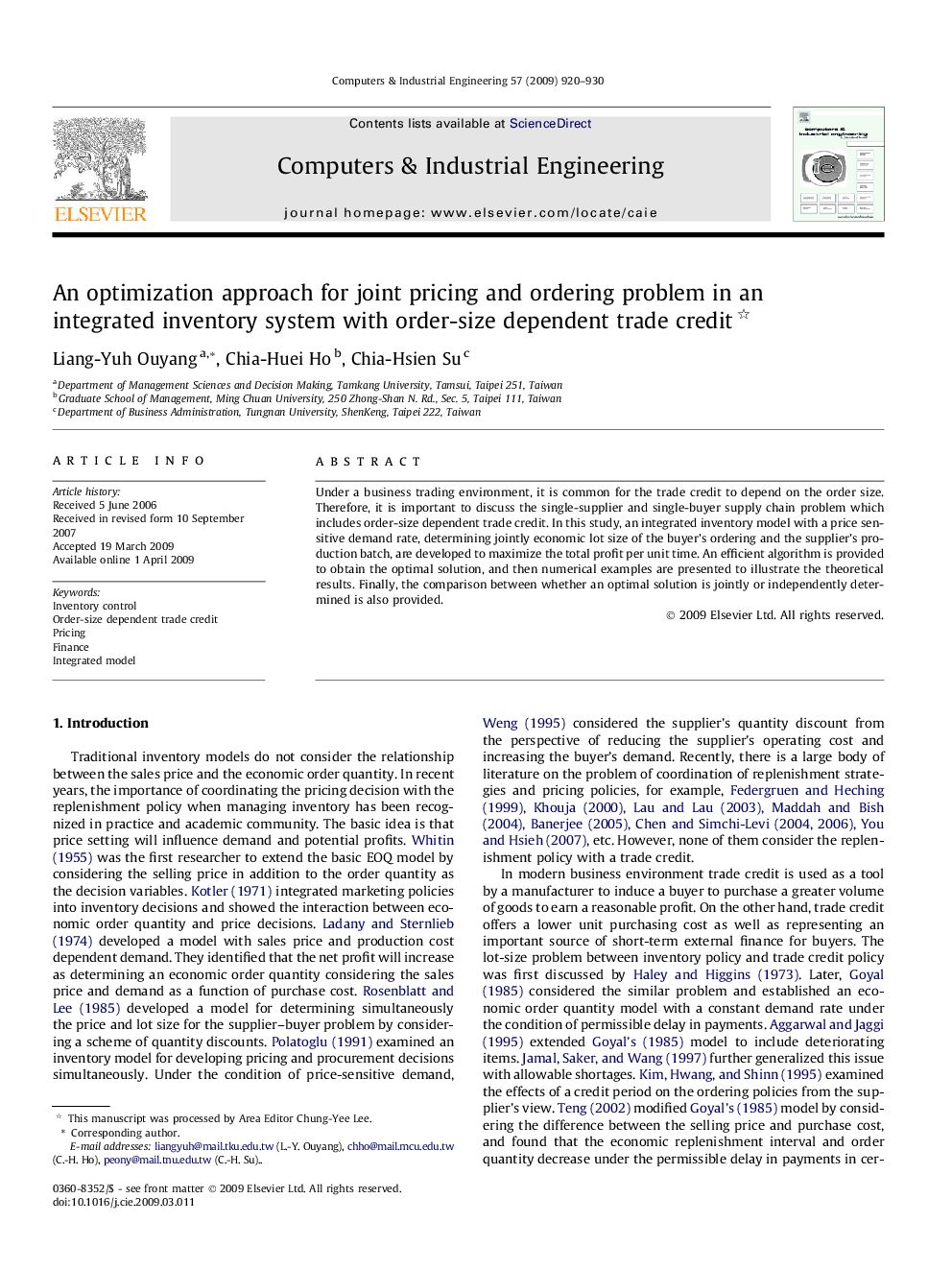 An optimization approach for joint pricing and ordering problem in an integrated inventory system with order-size dependent trade credit 