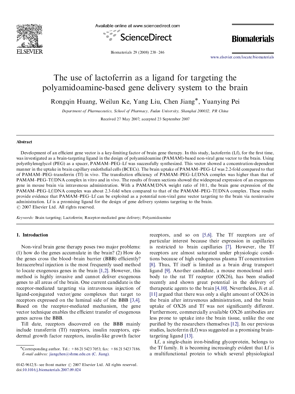 The use of lactoferrin as a ligand for targeting the polyamidoamine-based gene delivery system to the brain