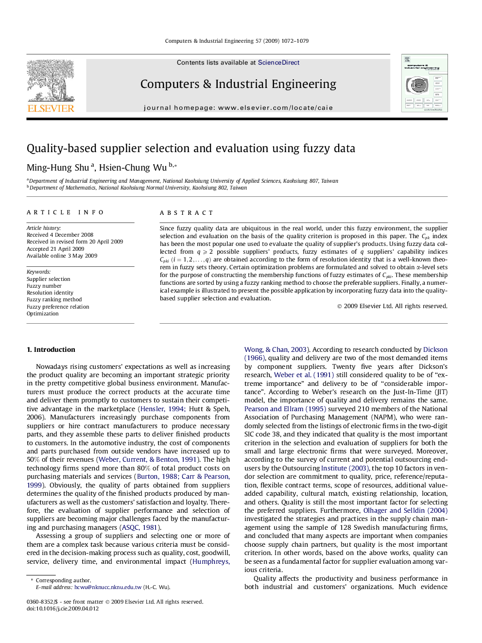 Quality-based supplier selection and evaluation using fuzzy data