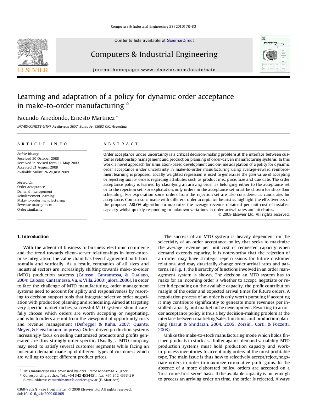 Learning and adaptation of a policy for dynamic order acceptance in make-to-order manufacturing 