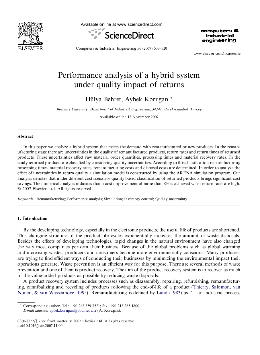 Performance analysis of a hybrid system under quality impact of returns