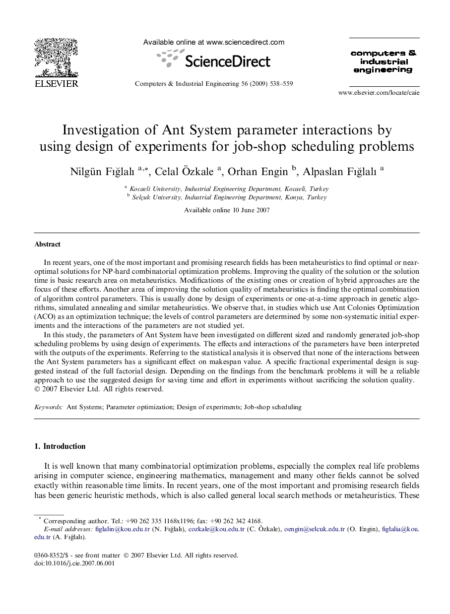 Investigation of Ant System parameter interactions by using design of experiments for job-shop scheduling problems