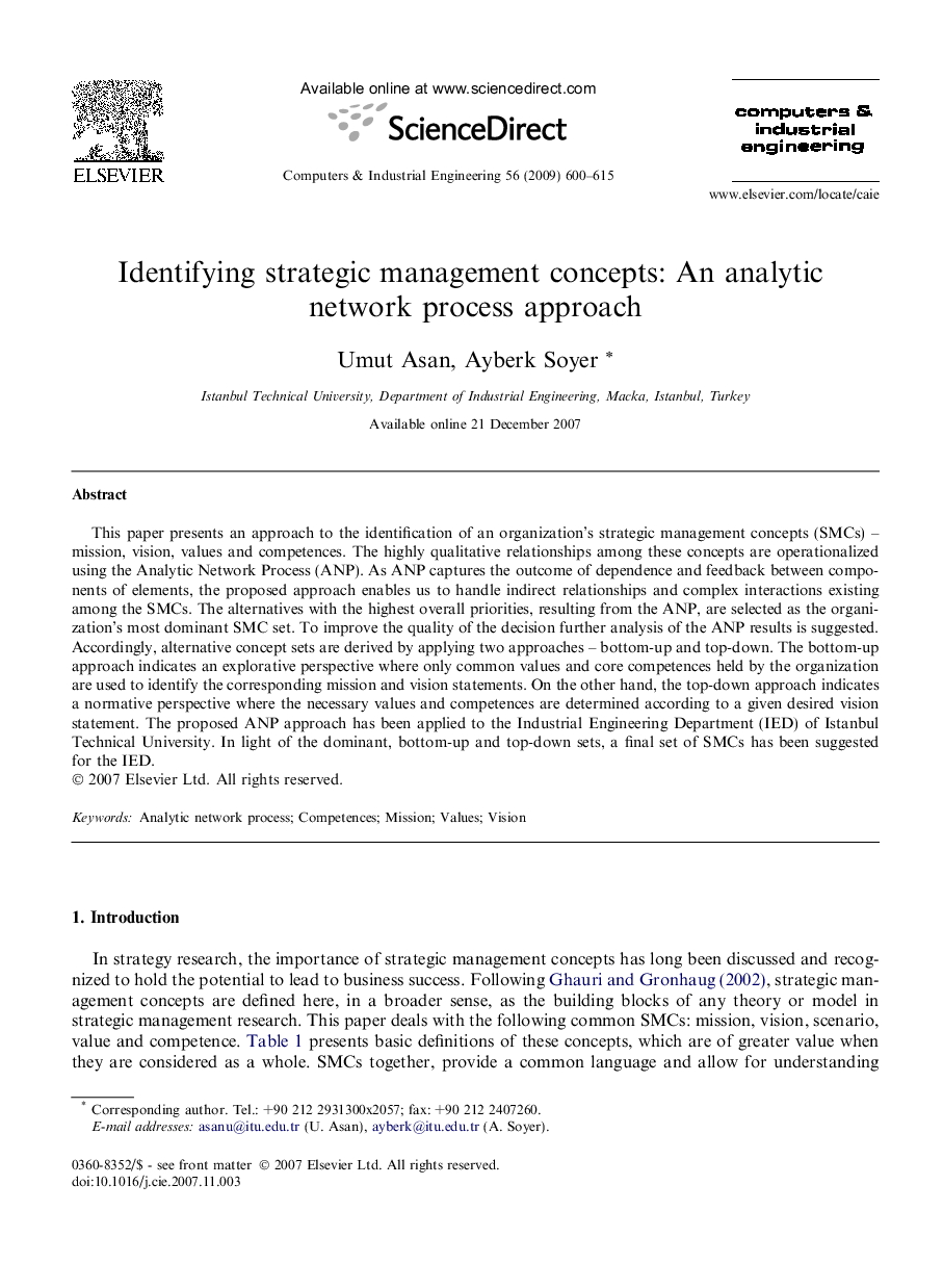 Identifying strategic management concepts: An analytic network process approach