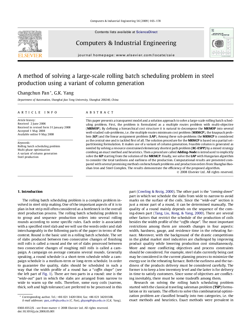 A method of solving a large-scale rolling batch scheduling problem in steel production using a variant of column generation