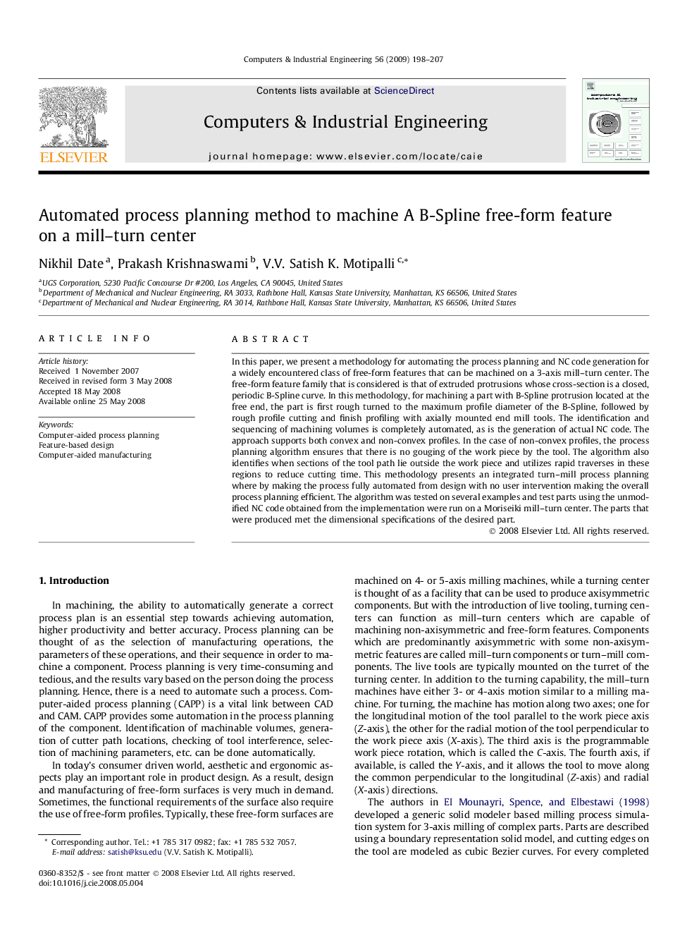 Automated process planning method to machine A B-Spline free-form feature on a mill–turn center