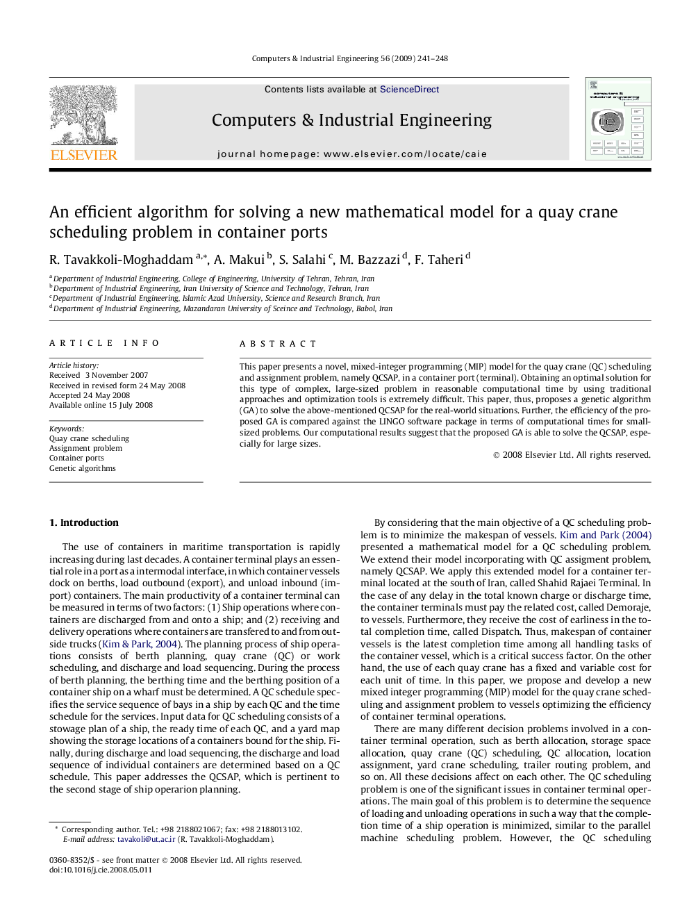 An efficient algorithm for solving a new mathematical model for a quay crane scheduling problem in container ports