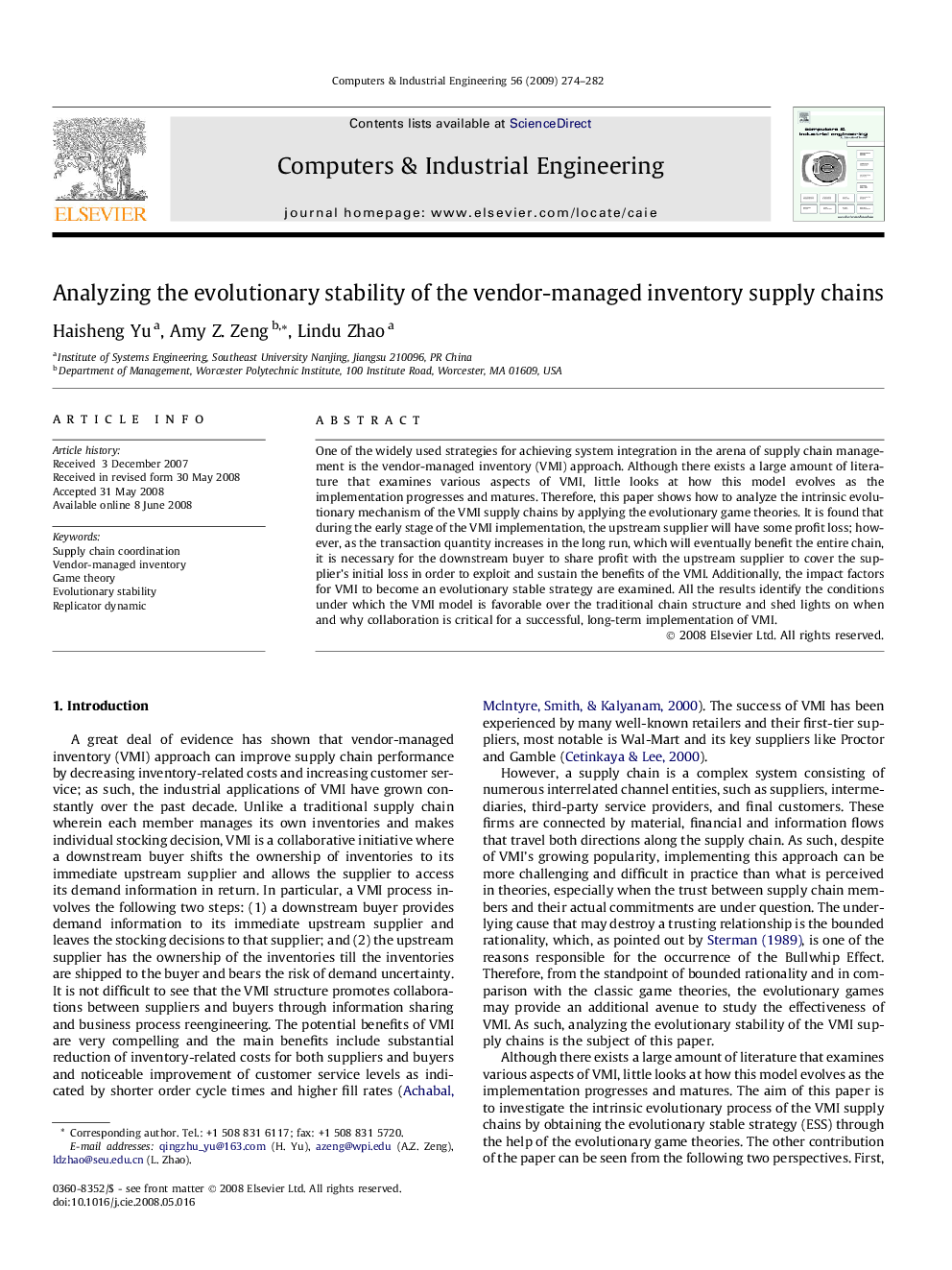 Analyzing the evolutionary stability of the vendor-managed inventory supply chains