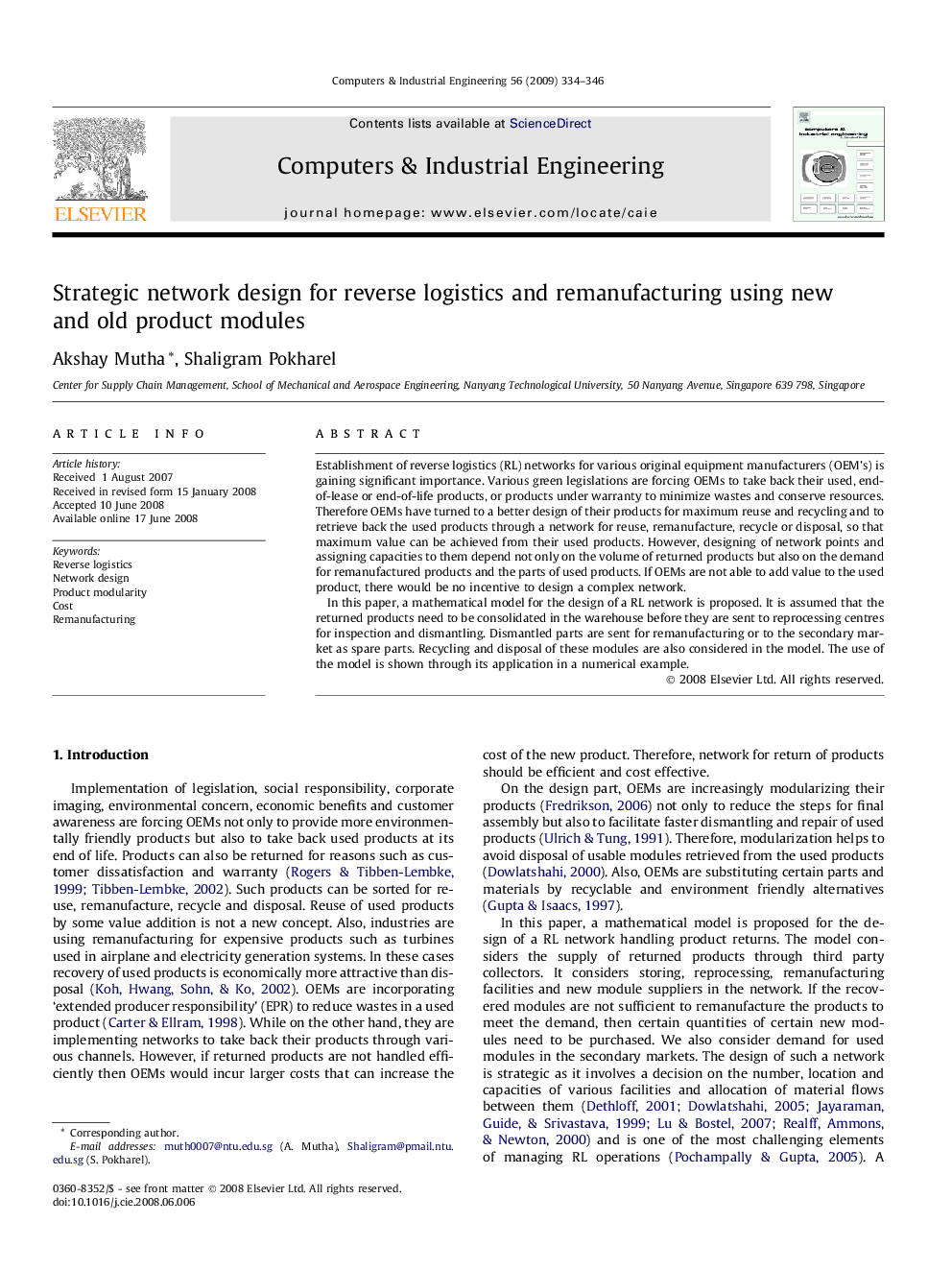 Strategic network design for reverse logistics and remanufacturing using new and old product modules