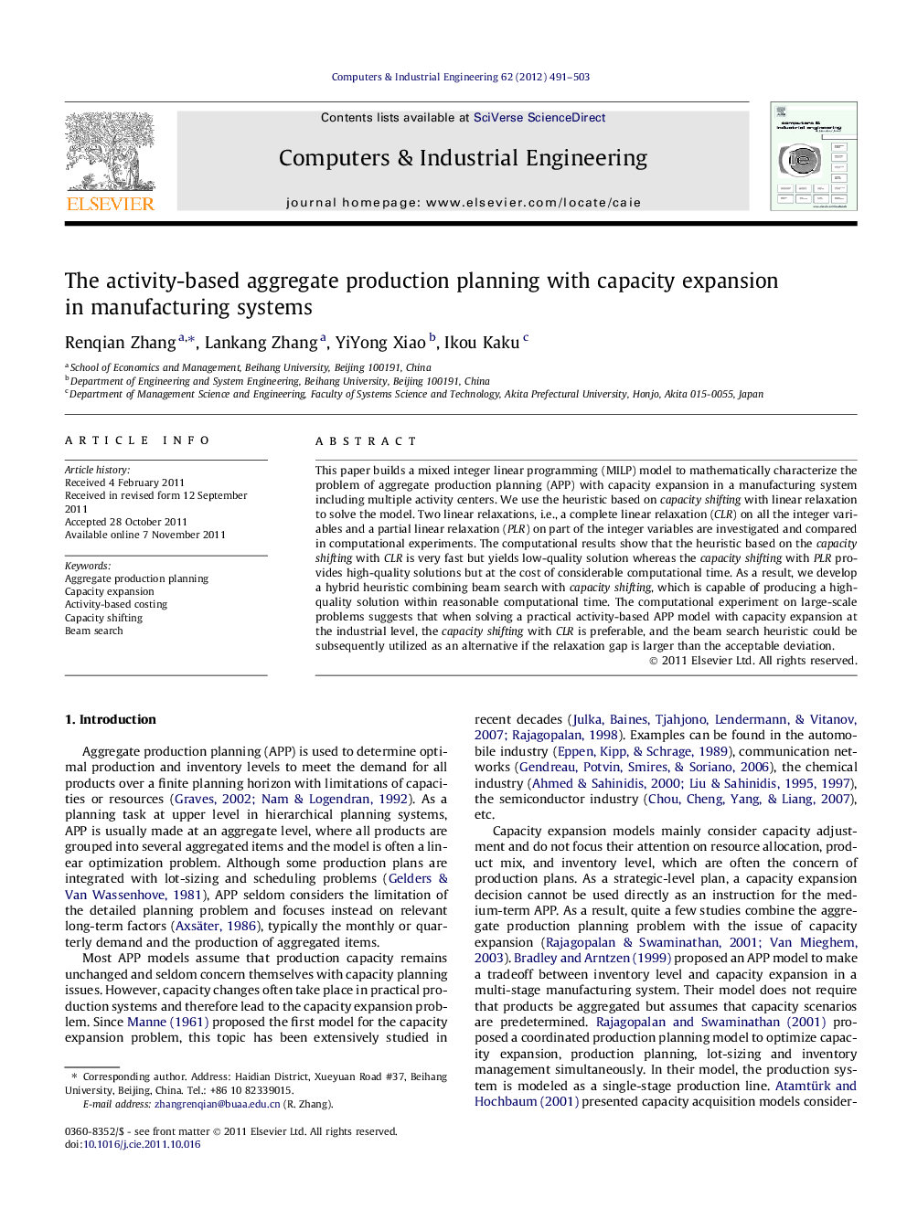 The activity-based aggregate production planning with capacity expansion in manufacturing systems