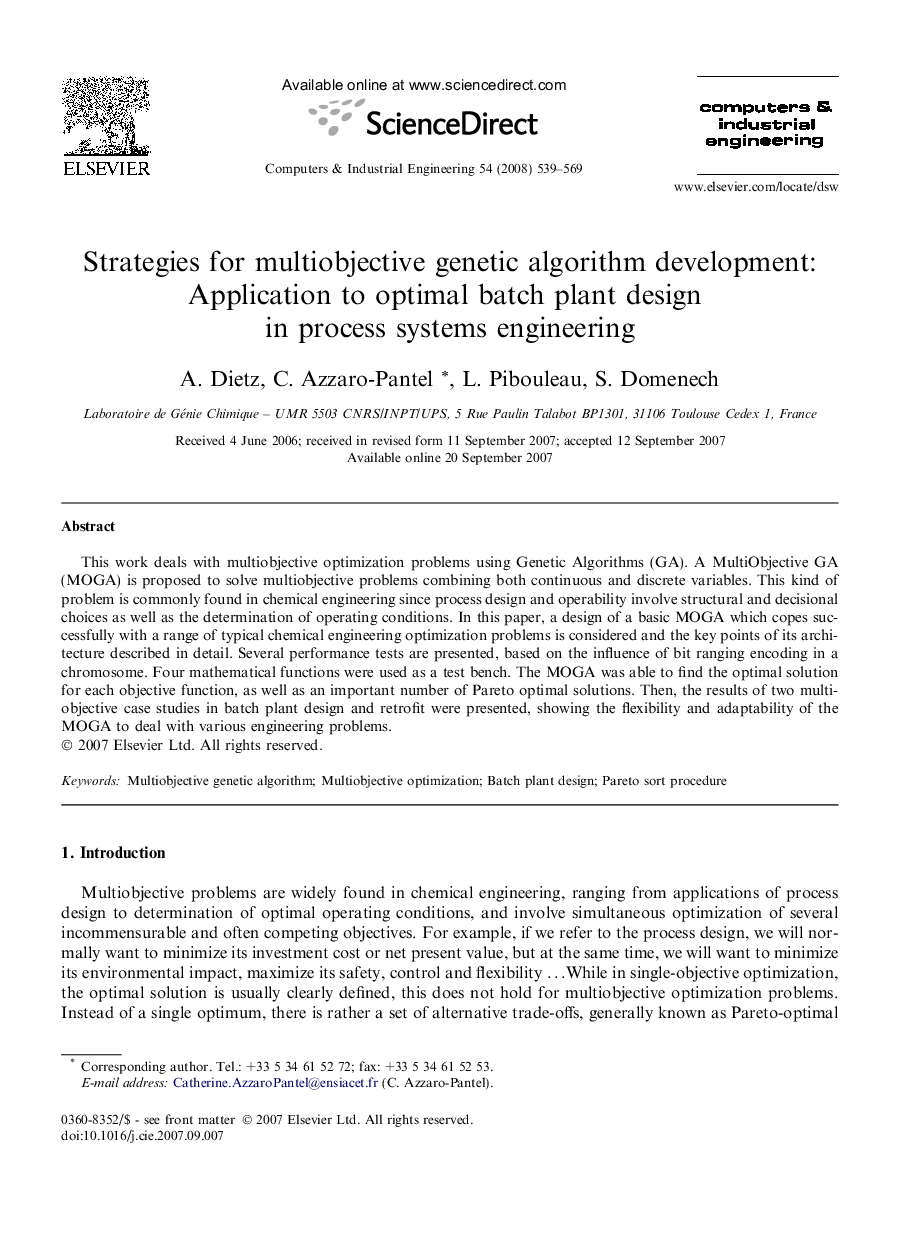 Strategies for multiobjective genetic algorithm development: Application to optimal batch plant design in process systems engineering